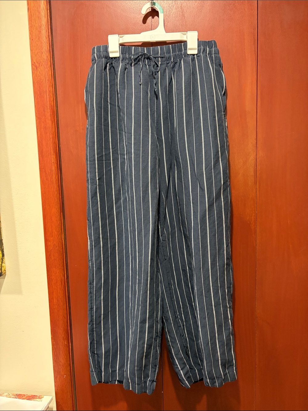 H&M Navy Blue Vertical Stripe Wide-Leg Drawstring Linen Blend Pants